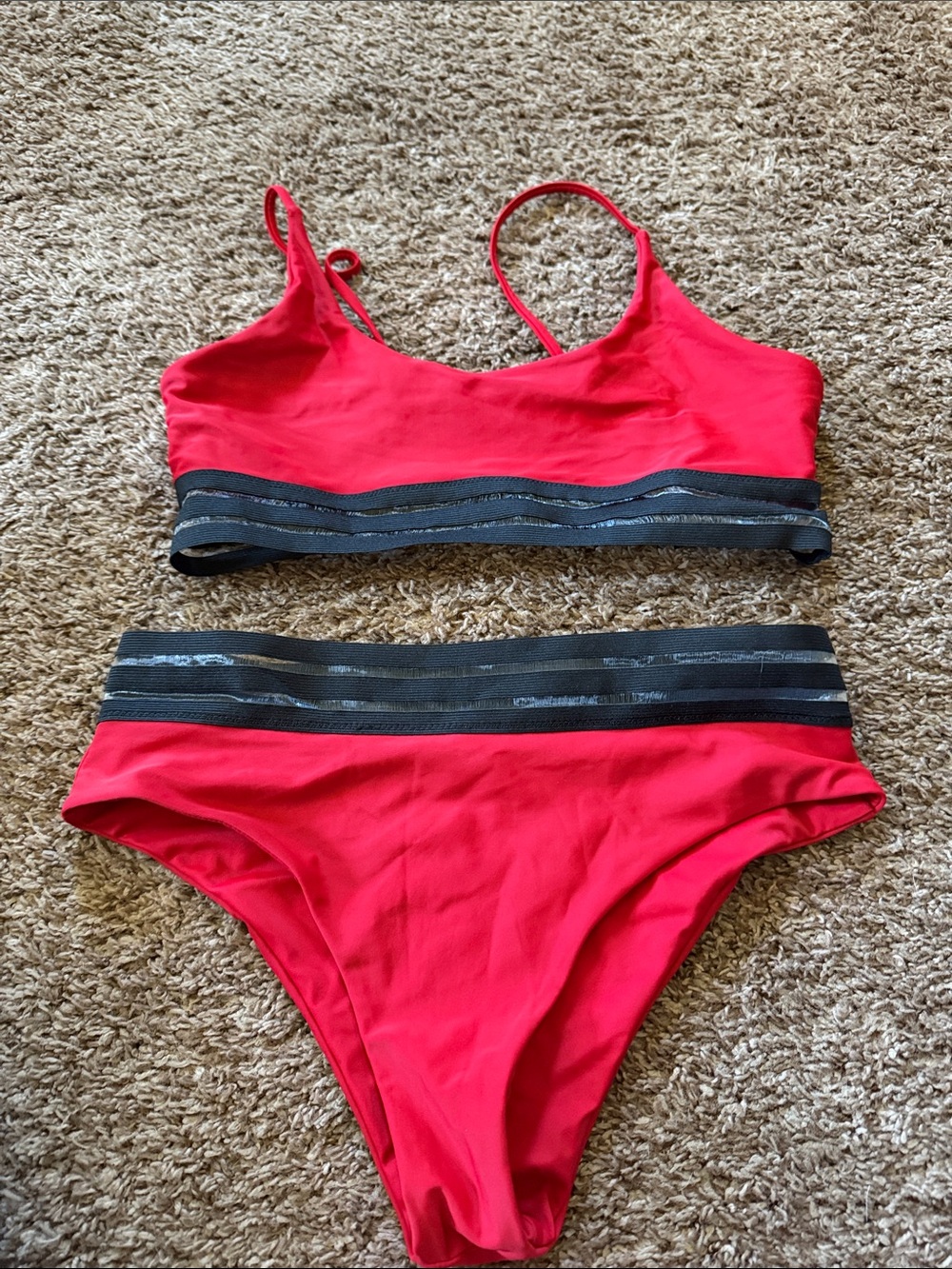 Red Two-Piece Bikini Set with Black Striped Elastic